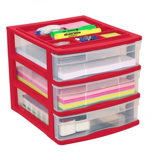 Clear Desktop 3 Drawer With Storage Tray - Red