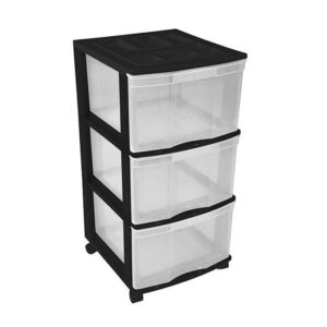 Clear Floor 3 Drawer Storage With Top Tray & Wheels - Black