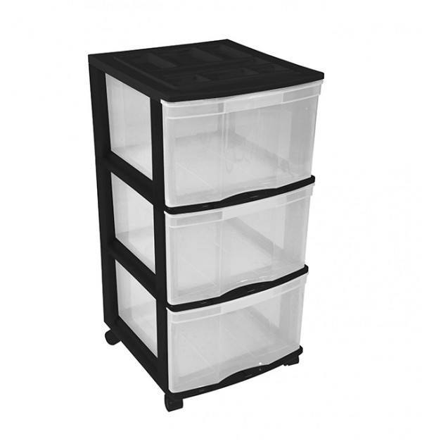 Clear Floor 3 Drawer Storage With Top Tray & Wheels - Black