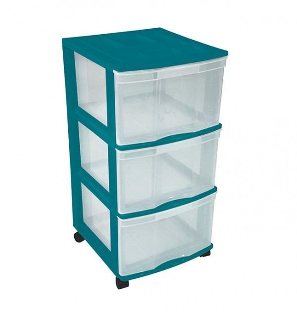 Clear Floor 3 Drawer Storage With Top Tray & Wheels - Green