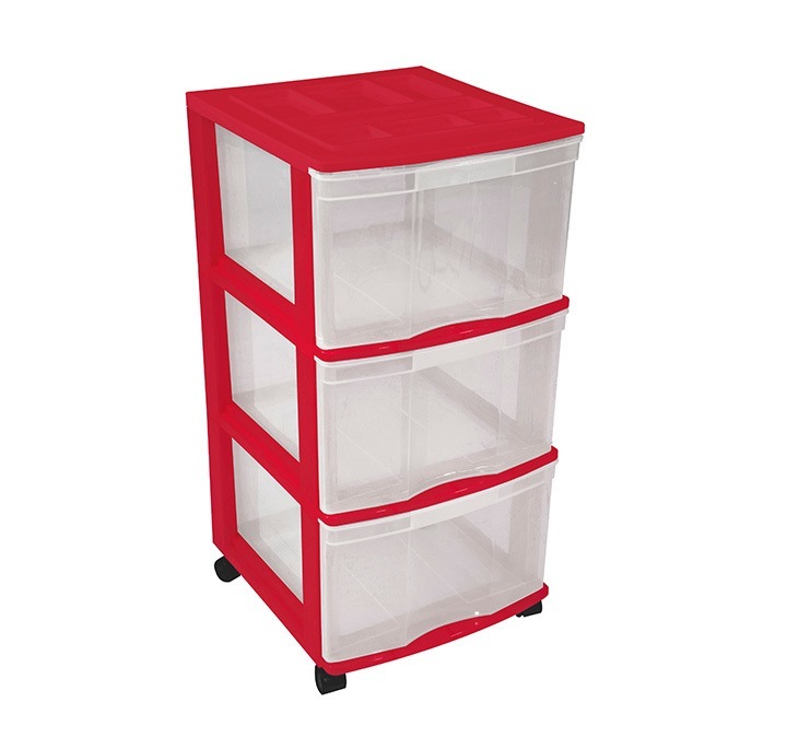 Clear Floor 3 Drawer Storage With Top Tray & Wheels - Red
