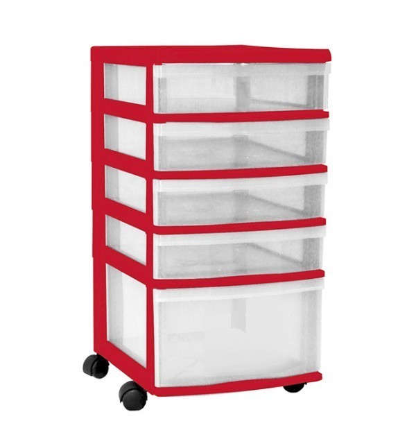 Clear Floor 5 Drawer Storage With Wheels - Red