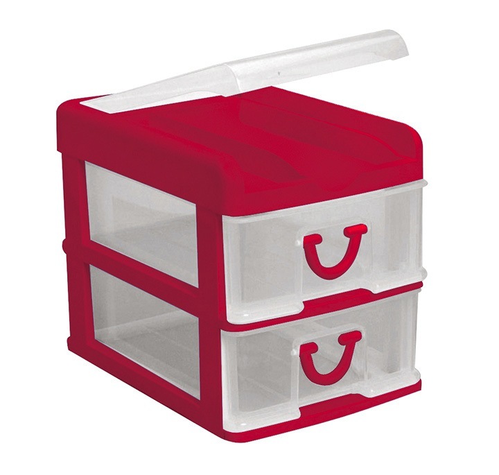Clear Nic Nack 2 Drawer With Hinged Lid - Red